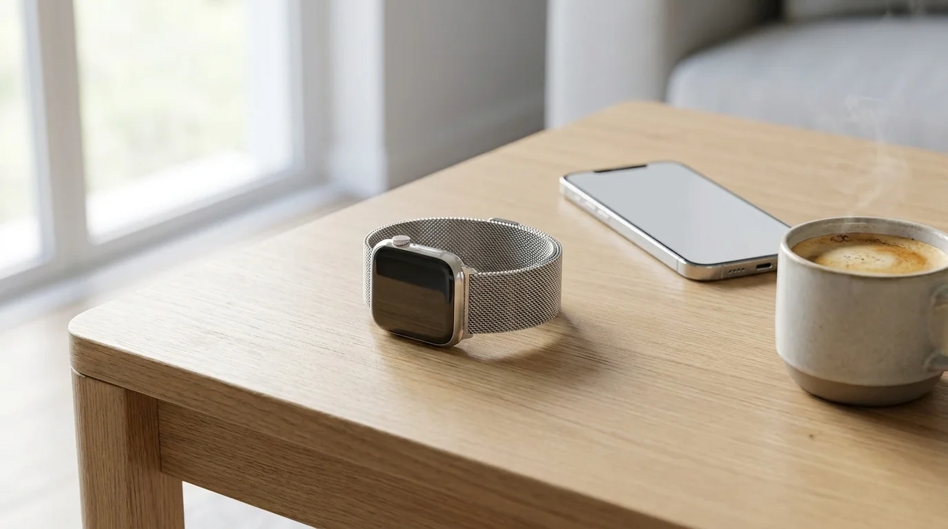 Hodinky Apple Watch se stříbrným síťovaným páskem FIXED Mesh Strap na dřevěném stole vedle telefonu a hrnku kávy.