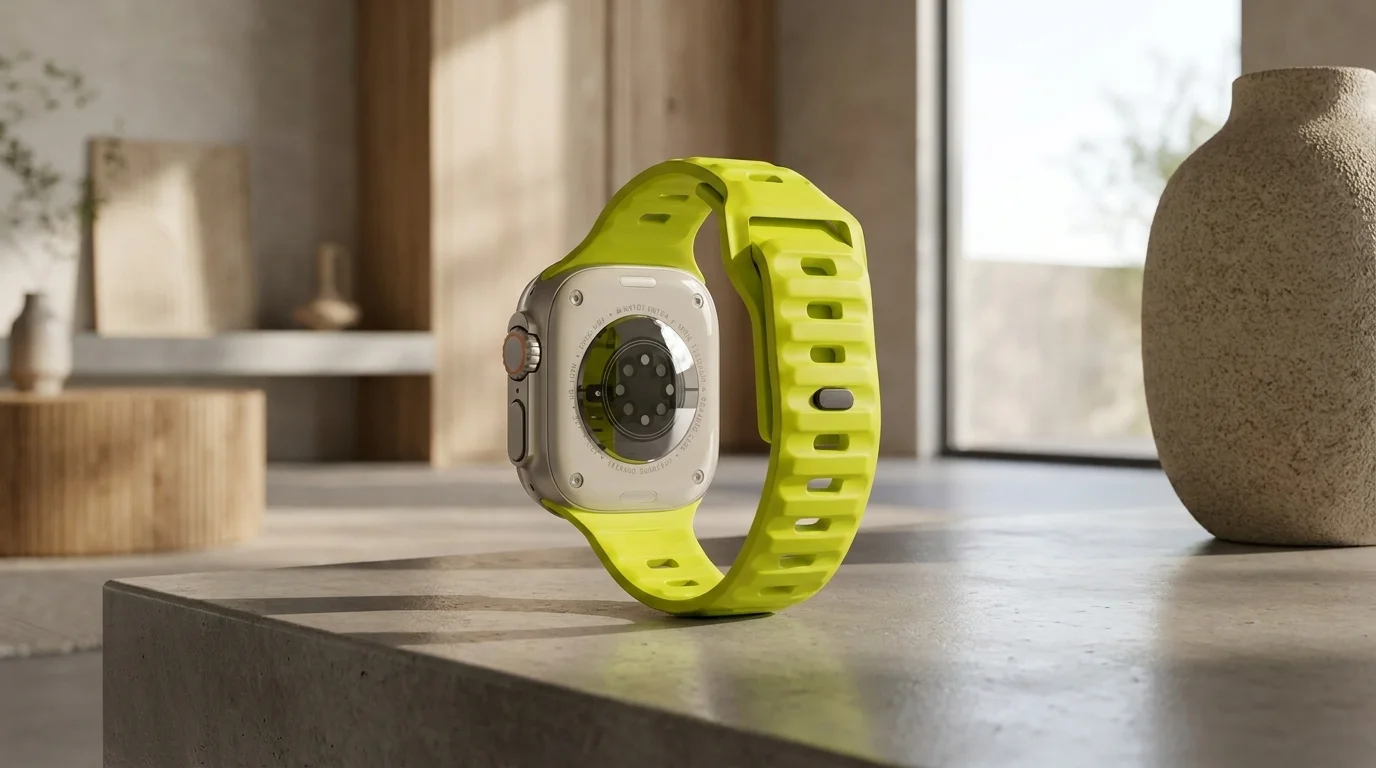 Zelený silikonový řemínek Mobile Origin Green Vibe na hodinkách Apple Watch postavených na stole.