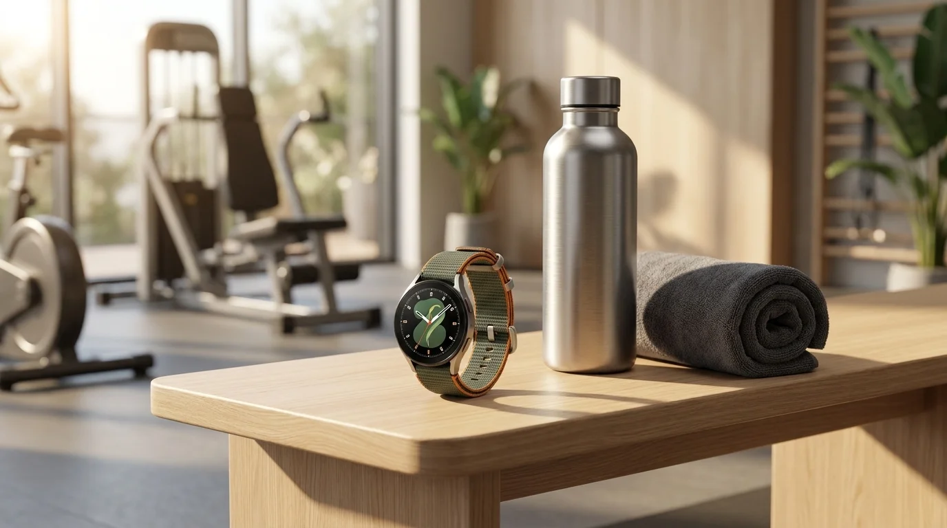 Hodinky Samsung Galaxy Watch se zeleným řemínkem Athleisure, nerezová lahev a ručník položené na dřevěné lavičce v posilovně.
