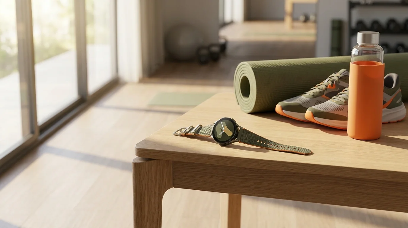 Chytré hodinky Samsung Galaxy Watch7 se zeleným řemínkem Athleisure na dřevěném stole vedle cvičební podložky, tenisek a lahve.