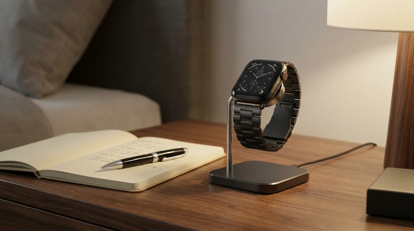 Černý ocelový řemínek Swissten na hodinkách Apple Watch umístěných na nabíjecím stojánku na stole.
