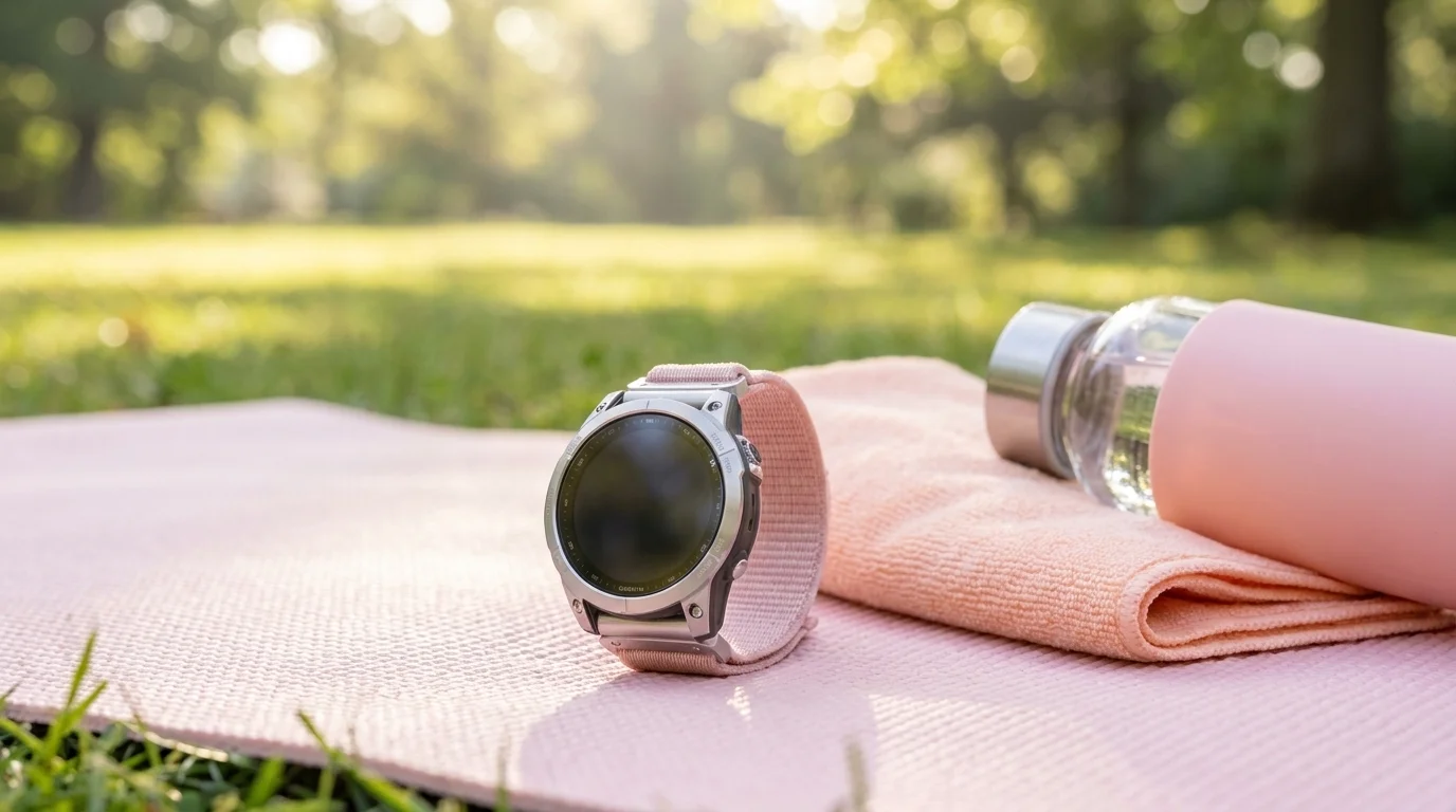 Chytré hodinky s růžovozlatým nylonovým řemínkem FIXED Nylon Sporty na cvičební podložce vedle ručníku a lahve s pitím.