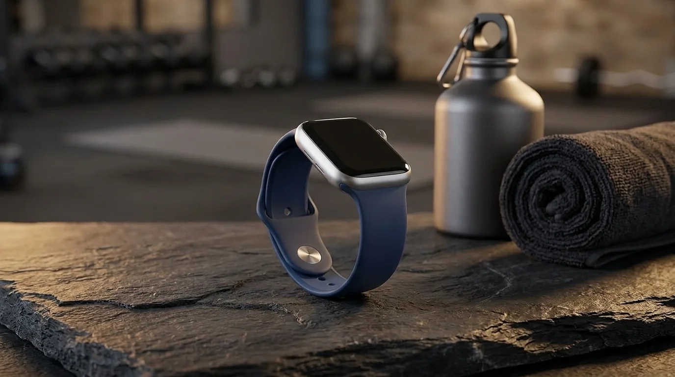 Hodinky Apple Watch s modrým silikonovým řemínkem položené na kamenném povrchu vedle sportovní lahve na pití a ručníku.