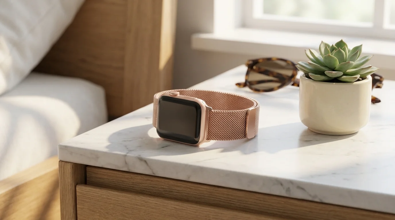 Růžově zlatý síťovaný řemínek FIXED Mesh Strap na hodinkách Apple Watch položených na mramorovém nočním stolku.