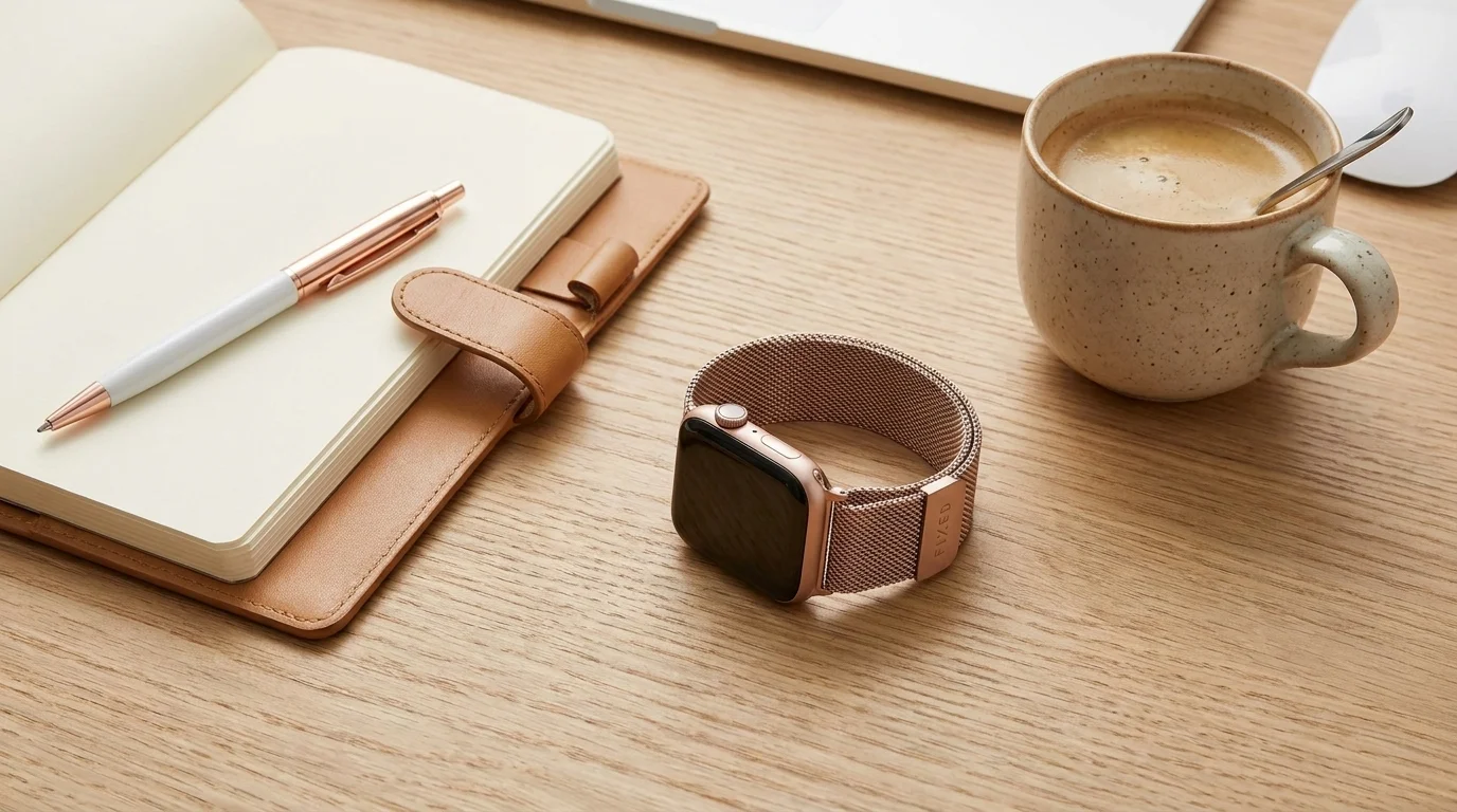Hodinky Apple Watch s růžově zlatým řemínkem FIXED Mesh Strap položené na dřevěném stole vedle zápisníku a šálku kávy.