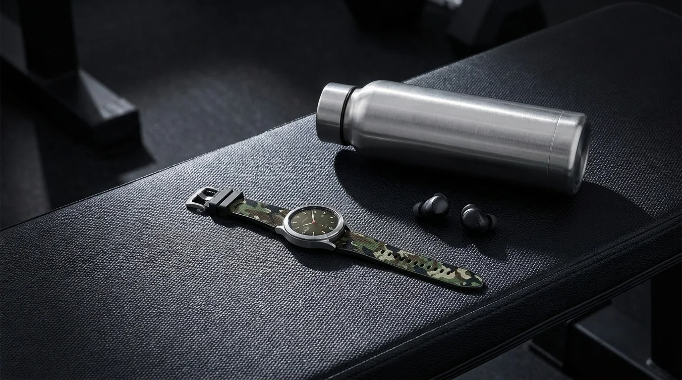 Chytré hodinky se zeleným maskovacím řemínkem Samsung Terra Band leží vedle nerezové lahve a sluchátek na posilovací lavici.