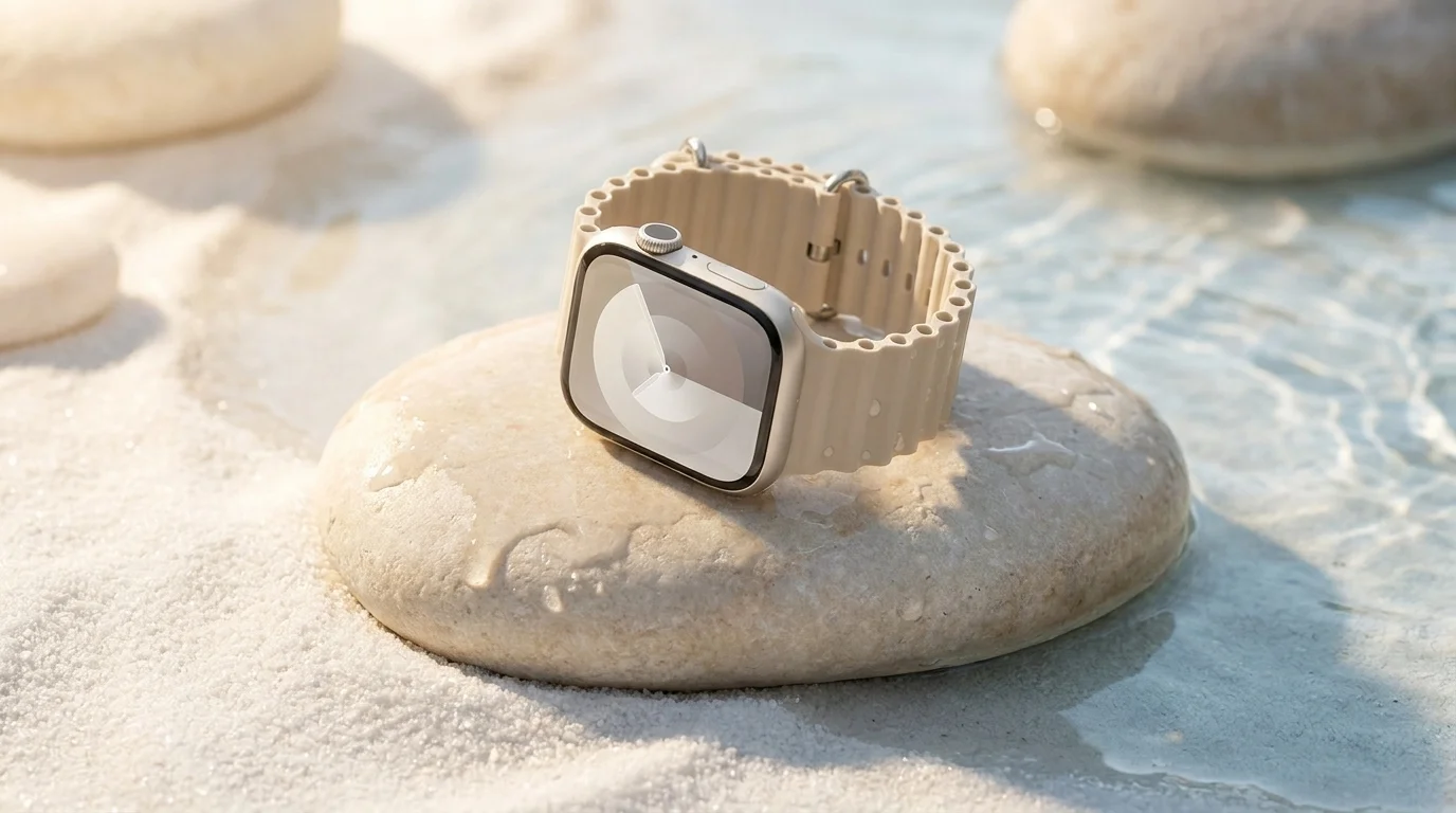 Hodinky Apple Watch s béžovým vlnitým řemínkem Epico Ocean položené na světlém kameni na písku u vody.