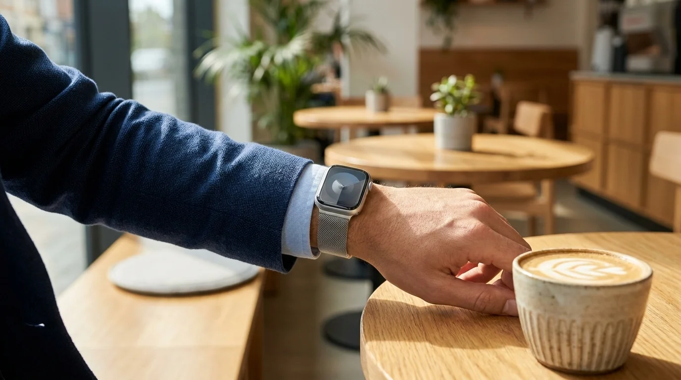 Strieborný remienok Epico Milanese na hodinkách Apple Watch na zápästí muža pri kaviarenskom stole s kávou.