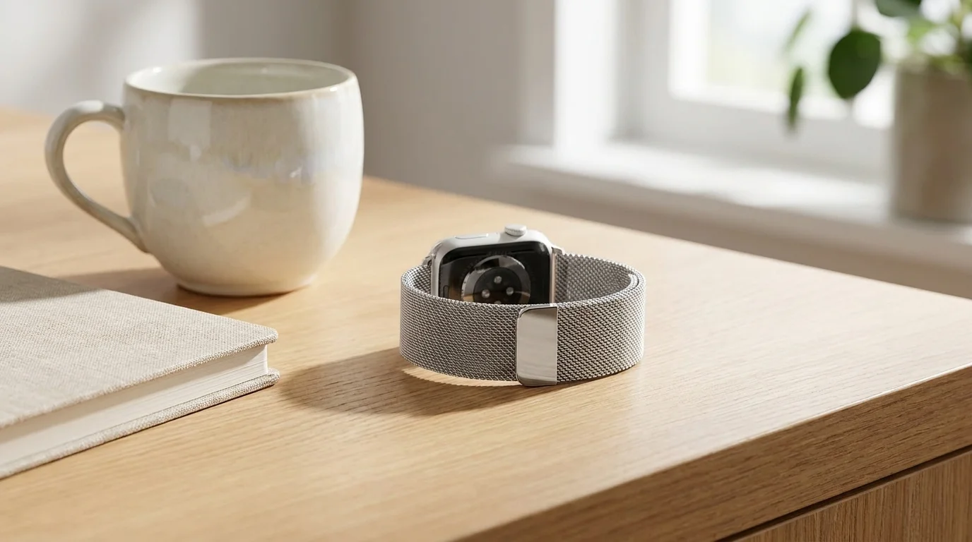 Stříbrný síťovaný řemínek FIXED Mesh Strap s magnetickým zapínáním na hodinkách Apple Watch na dřevěném stole.