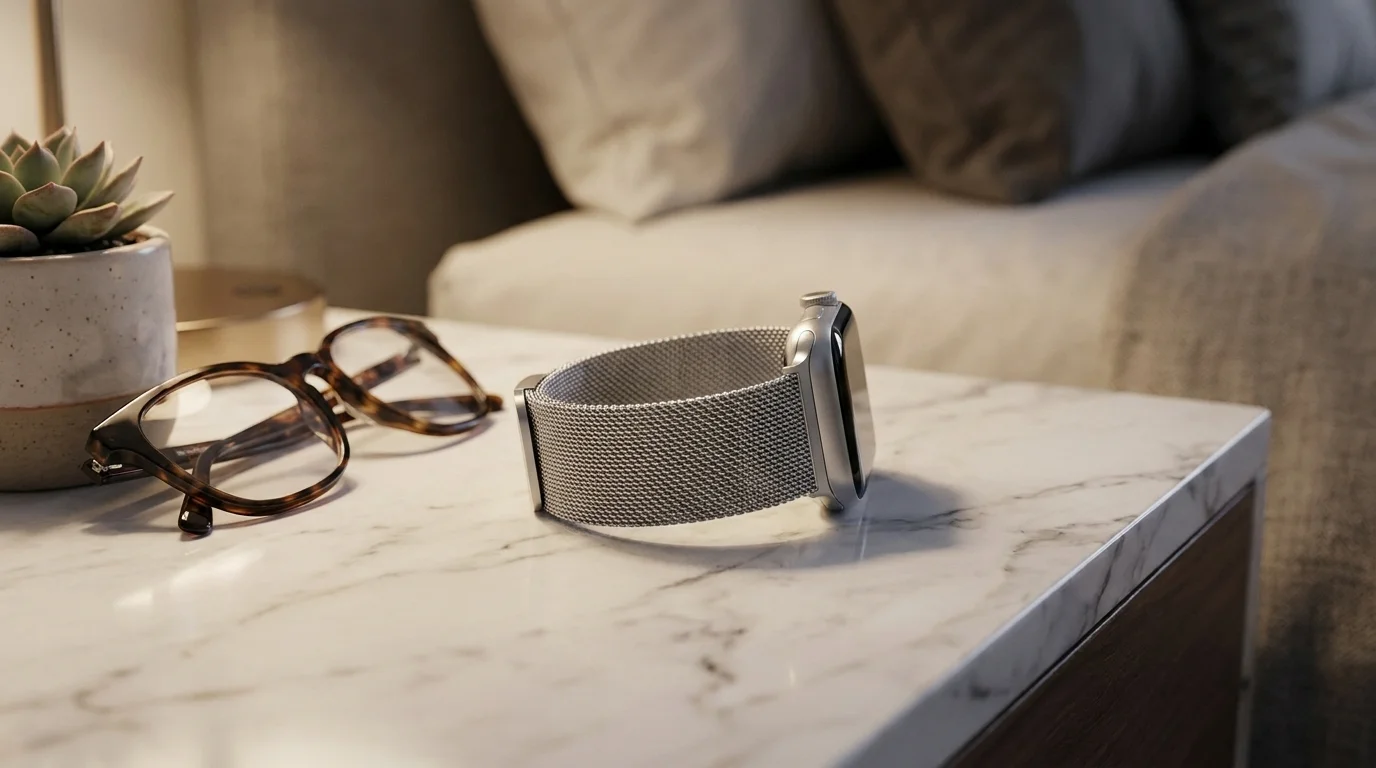 Apple Watch se stříbrným síťovaným řemínkem FIXED Mesh Strap položené na nočním stolku vedle brýlí.