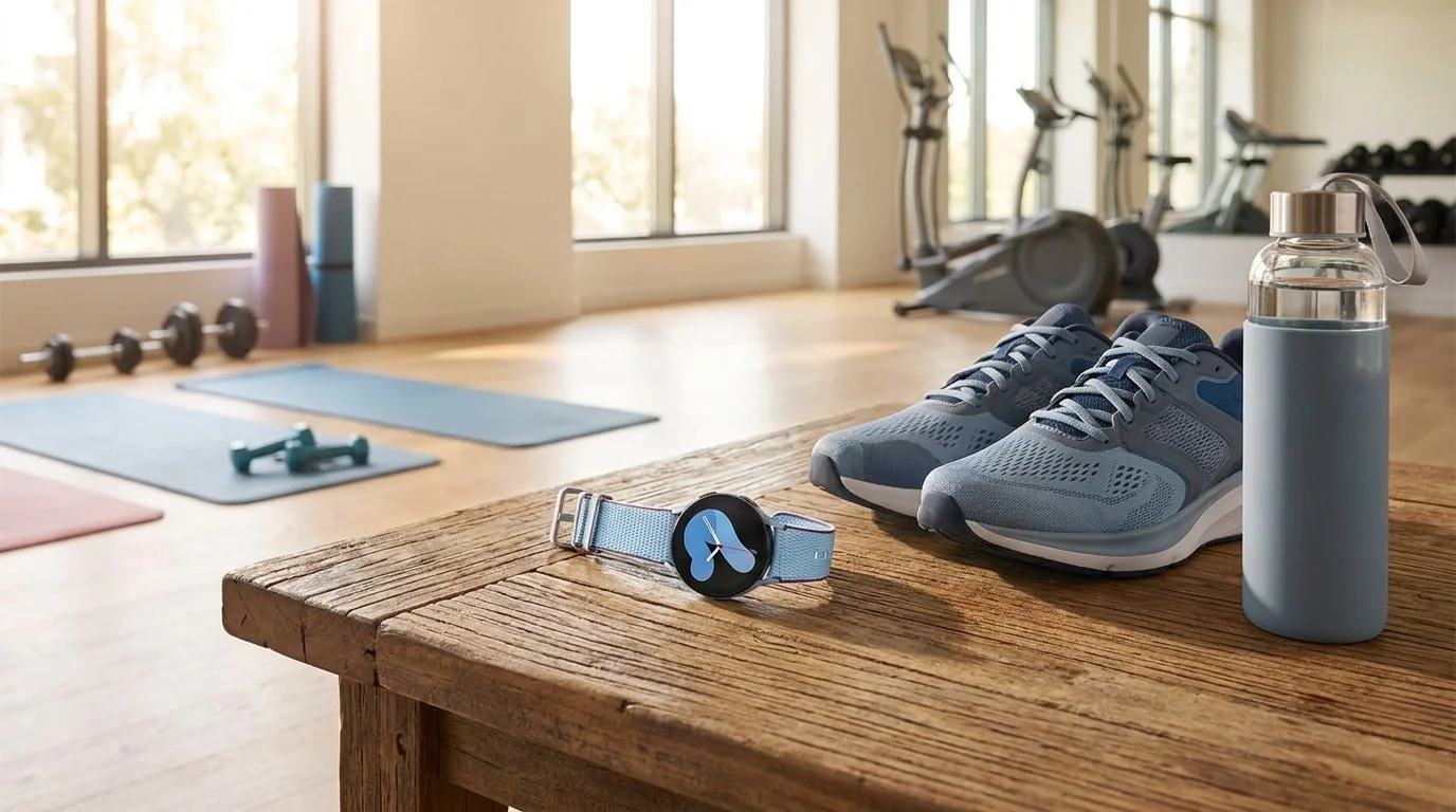 Hodinky Galaxy Watch7 s modrým řemínkem Athleisure ležící na dřevěném stole vedle tenisek a láhve na pití v posilovně.