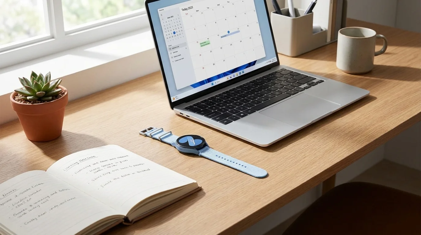Hodinky Galaxy Watch7 s modrým textilním řemínkem Athleisure na dřevěném pracovním stole vedle otevřeného notebooku.
