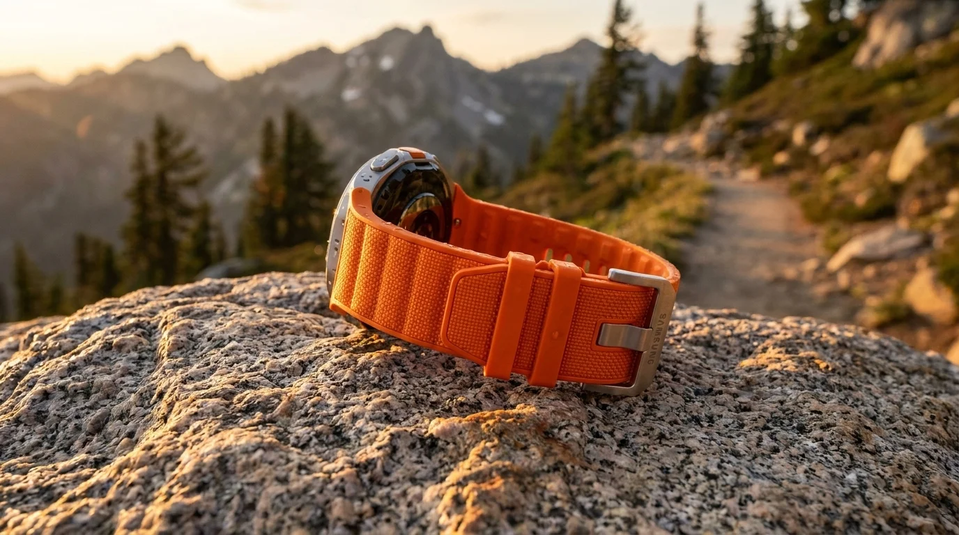 Hodinky Galaxy Watch Ultra s oranžovým řemínkem PeakForm položené na kameni v horské krajině.