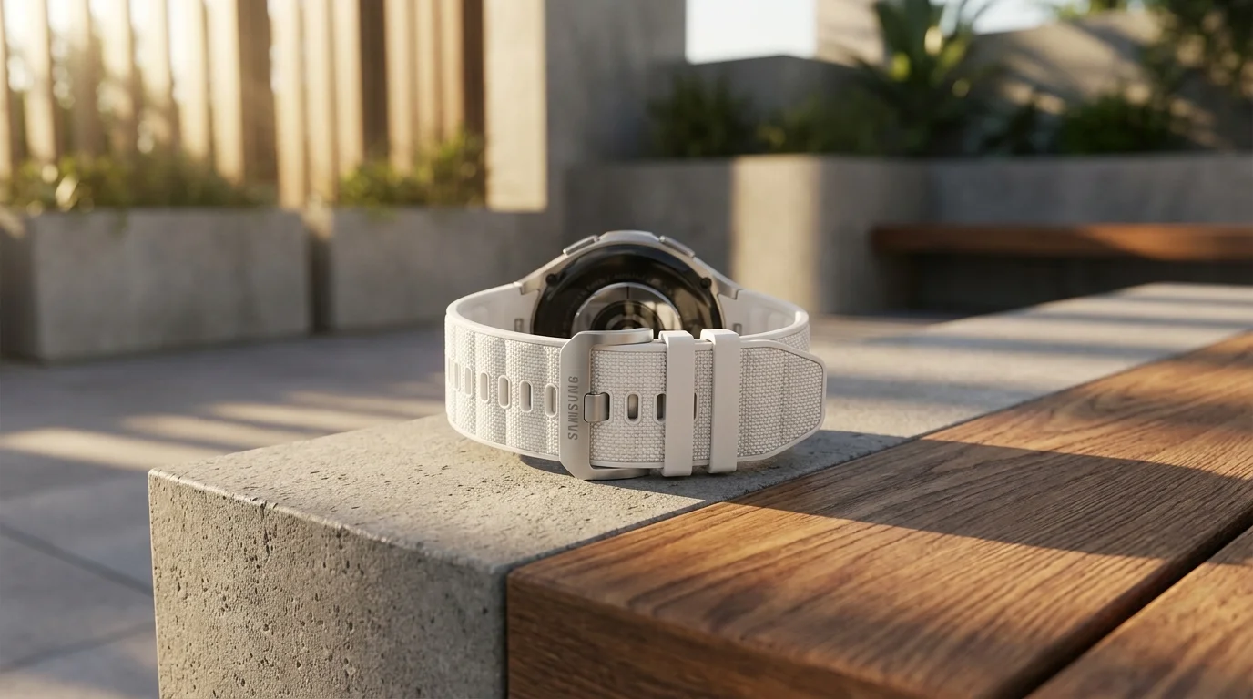 Chytré hodinky Samsung Galaxy Watch Ultra s bílým řemínkem PeakForm se zapnutou přezkou položené na venkovní lavičce.