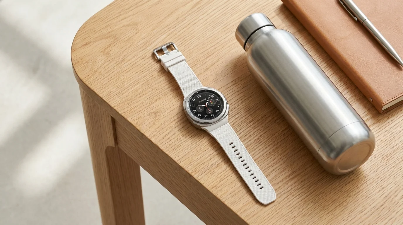 Hodinky Samsung Galaxy Watch Ultra s bílým řemínkem PeakForm na dřevěném stole vedle nerezové láhve a zápisníku.