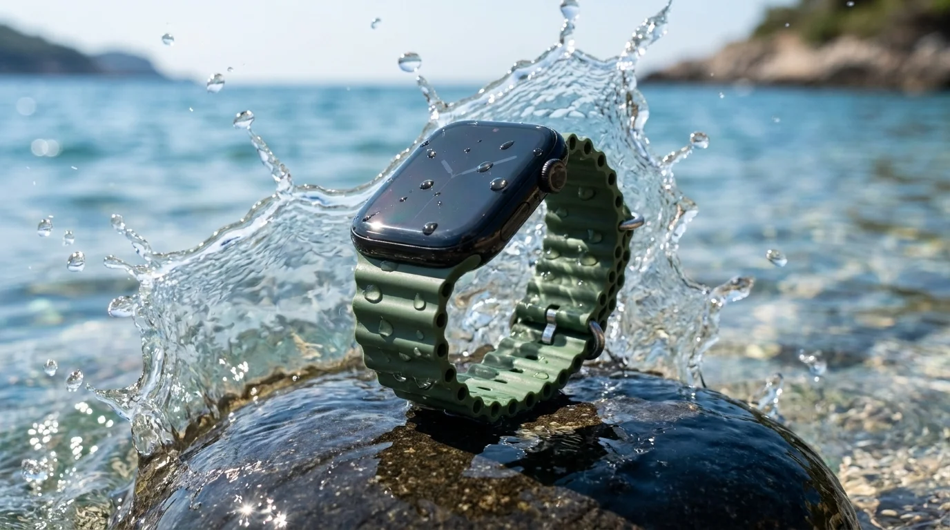Zelený řemínek Epico Ocean na hodinkách Apple Watch na kameni ve stříkající mořské vodě.
