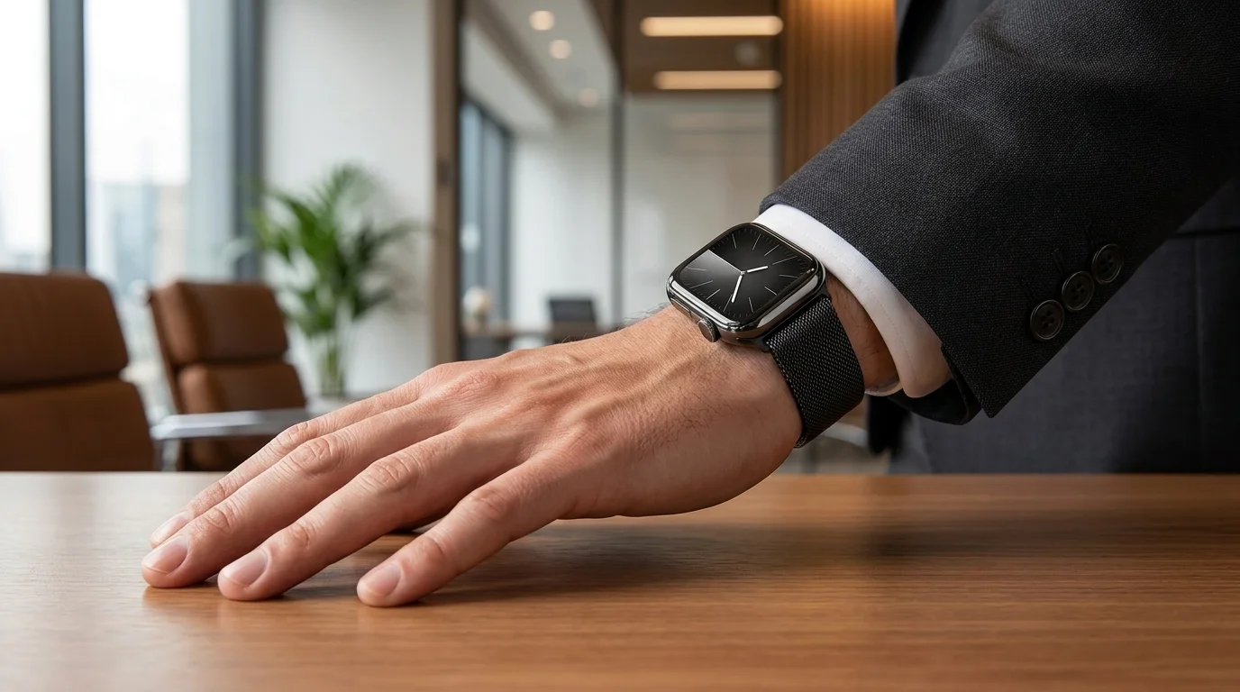 Černý řemínek Epico Milanese na hodinkách Apple Watch na zápěstí muže v obleku u dřevěného stolu.