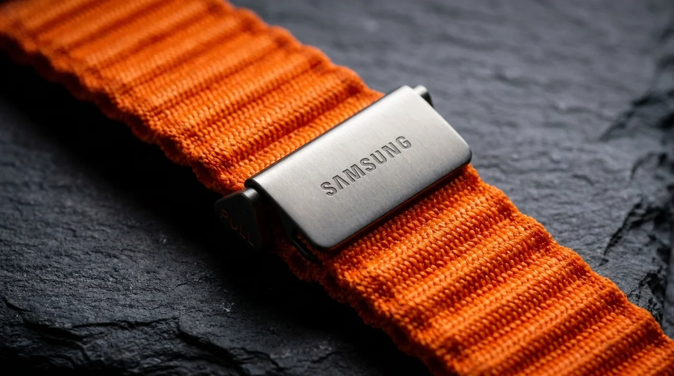Oranžový tkaný řemínek pro hodinky Galaxy Watch Ultra s kovovou přezkou s nápisem Samsung.