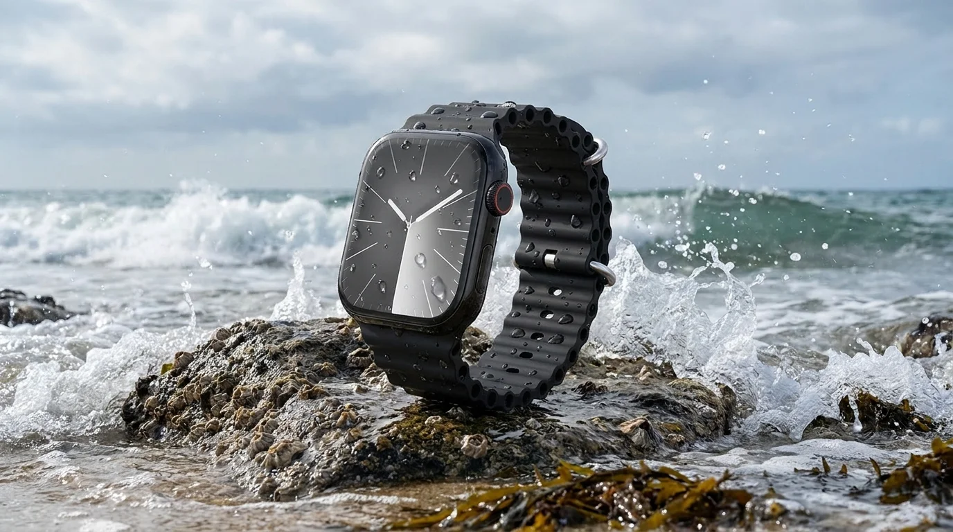 Černý řemínek Epico Ocean na hodinkách Apple Watch pokrytých kapkami vody na skále v mořském příboji.