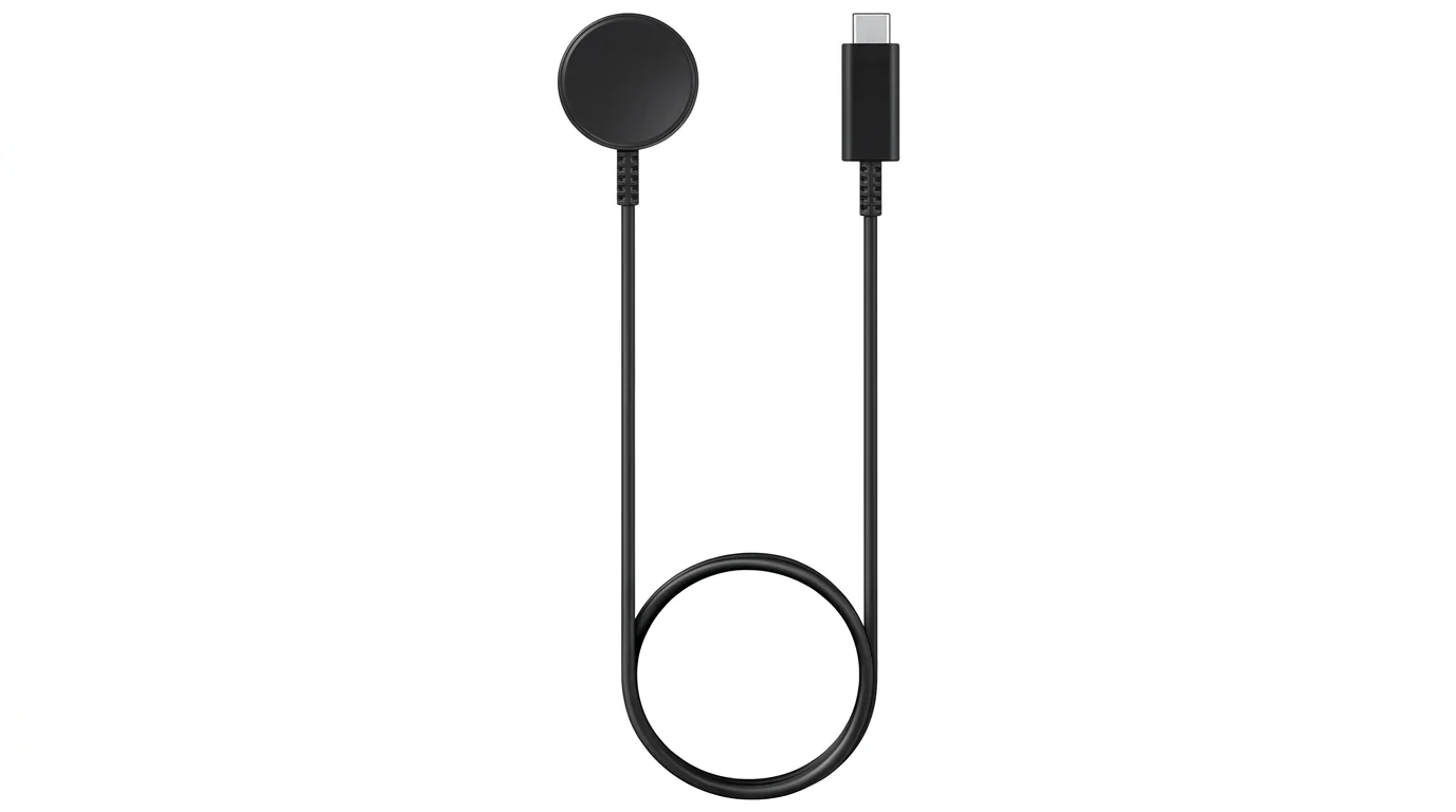 Černá bezdrátová nabíječka pro hodinky Samsung Galaxy Watch s magnetickou ploškou a kabelem s konektorem USB-C.