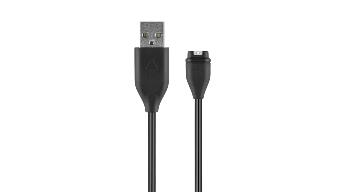 Černý nabíjecí a datový kabel pro hodinky Garmin s konektorem USB-A a nabíjecí koncovkou pro hodinky na bílém pozadí.