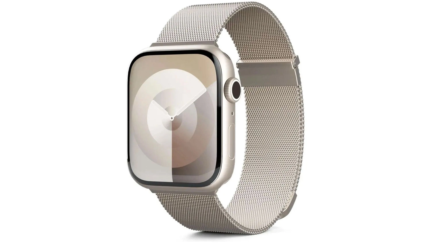 Hvězdně bílý síťovaný řemínek Epico Milanese+ z nerezové oceli nasazený na hodinkách Apple Watch.