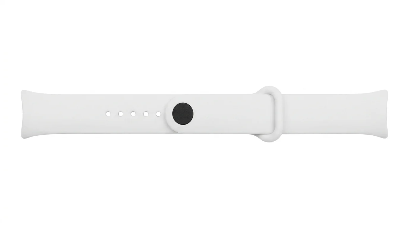 Bílý silikonový řemínek pro Xiaomi Smart Band s černým zapínacím trnem a otvory pro nastavení velikosti.