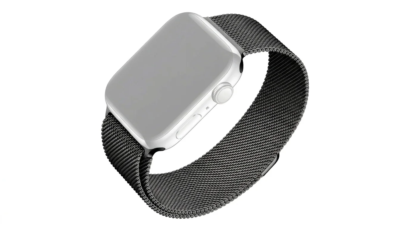 Černý síťovaný řemínek FIXED Mesh Strap nasazený na stříbrných hodinkách Apple Watch.