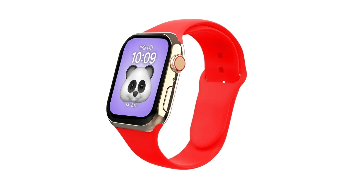 Červený silikonový řemínek Swissten nasazený na chytrých hodinkách Apple Watch se zlatým pouzdrem.