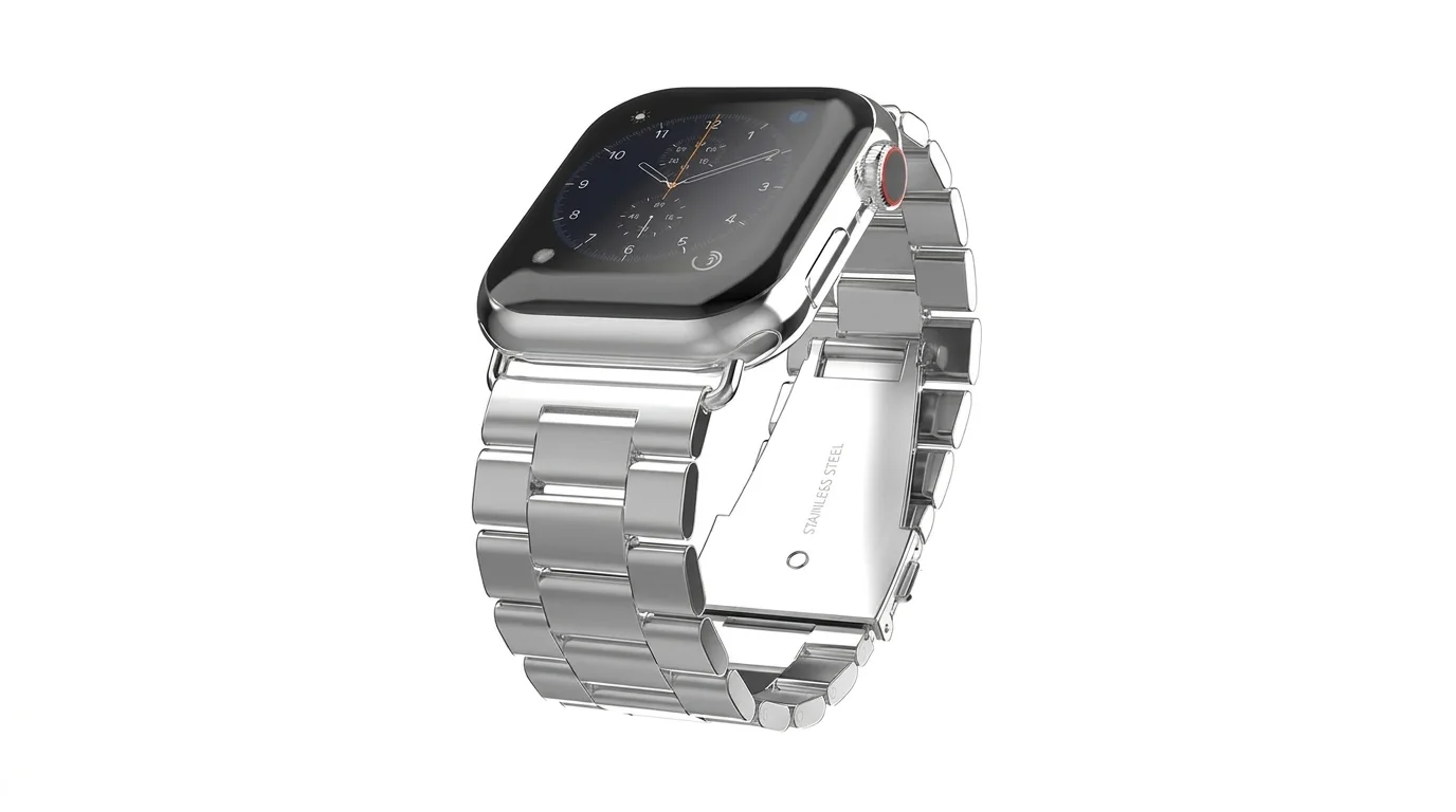 Stříbrný článkový řemínek Swissten z nerezové oceli nasazený na hodinkách Apple Watch.