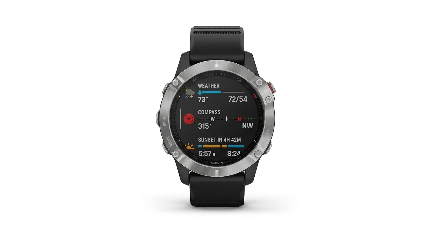 Černý silikonový řemínek FIXED nasazený na chytrých hodinkách Garmin z čelního pohledu.