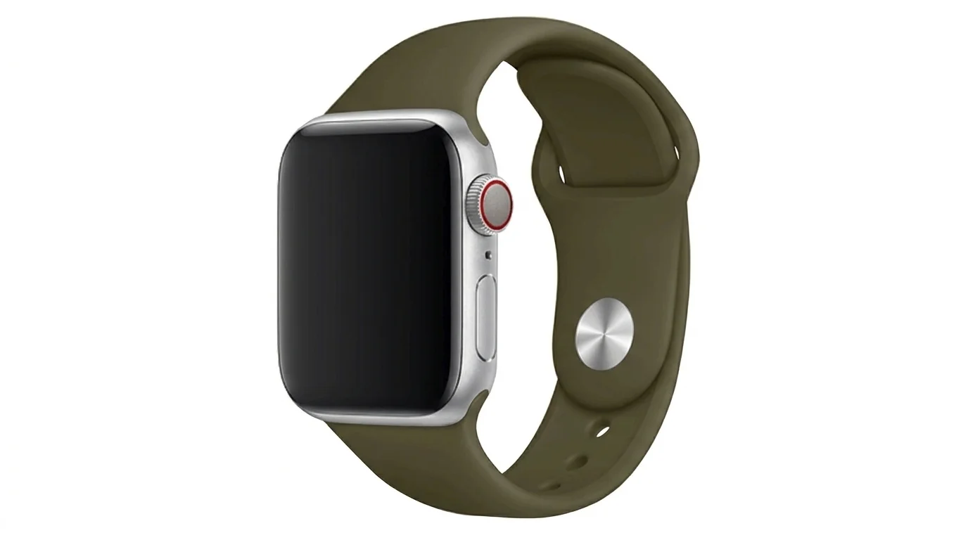 Hodinky Apple Watch se stříbrným pouzdrem a olivovým silikonovým řemínkem FIXED.