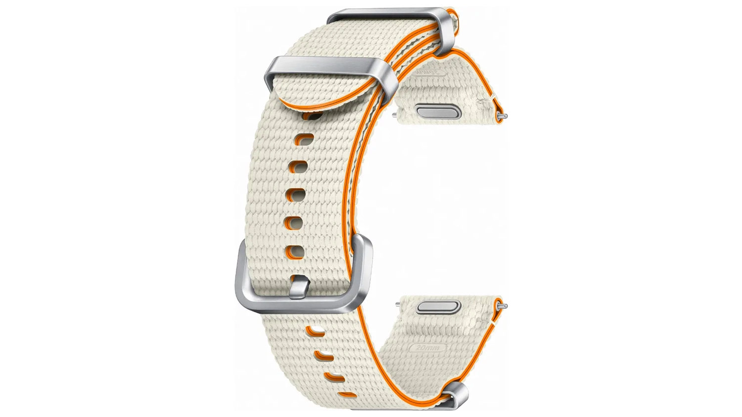 Krémový textilní řemínek Samsung Athleisure pro Galaxy Watch7 s oranžovým lemováním a stříbrnou přezkou.