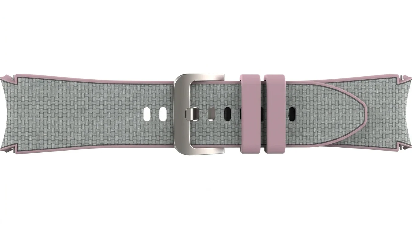 Zapnutý šedý textilní řemínek Samsung Tide Band s růžovým lemováním a stříbrnou přezkou.