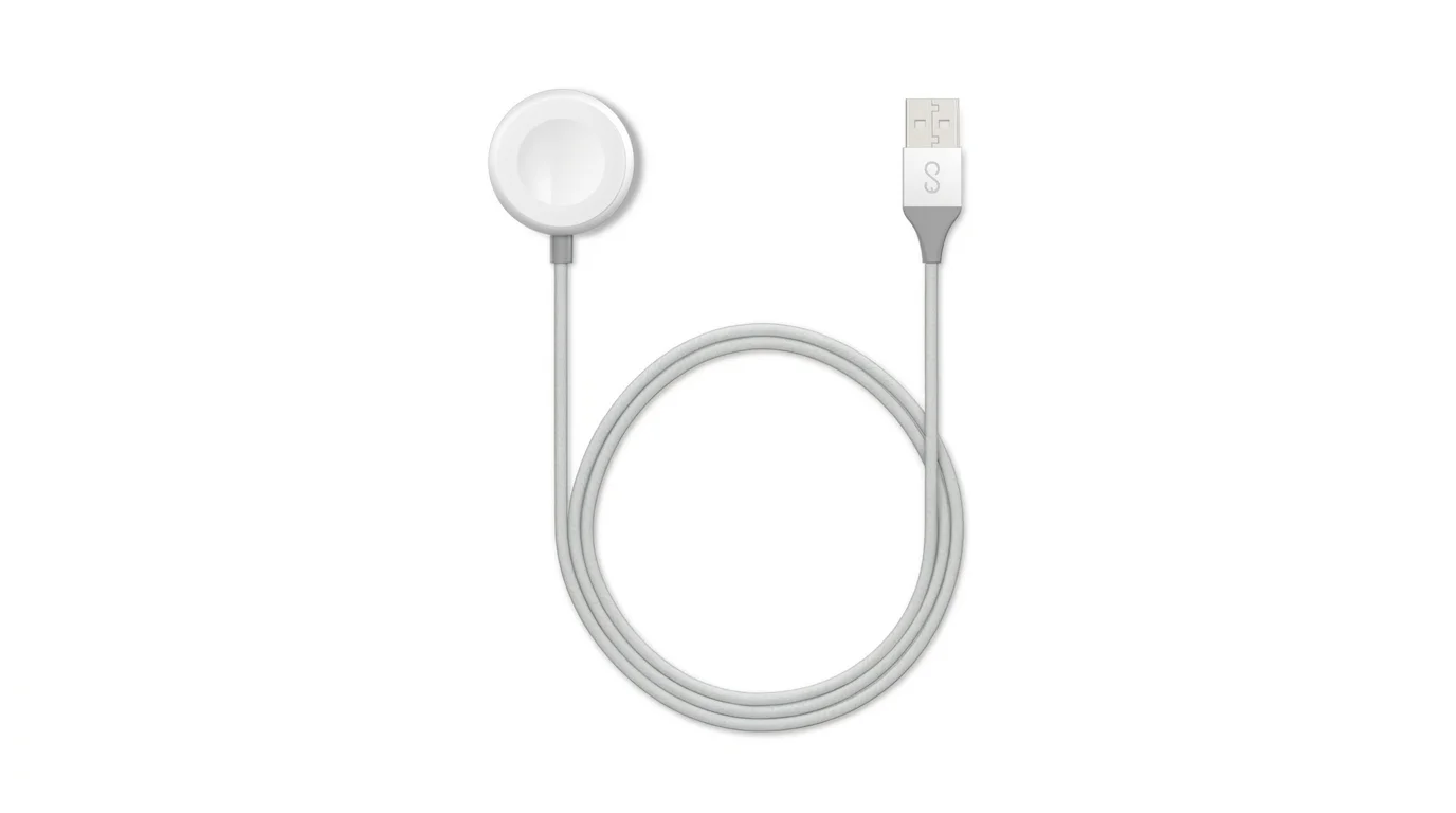 Bílý nabíjecí kabel Epico pro Apple Watch s kulatým magnetickým pukem a konektorem USB-A.