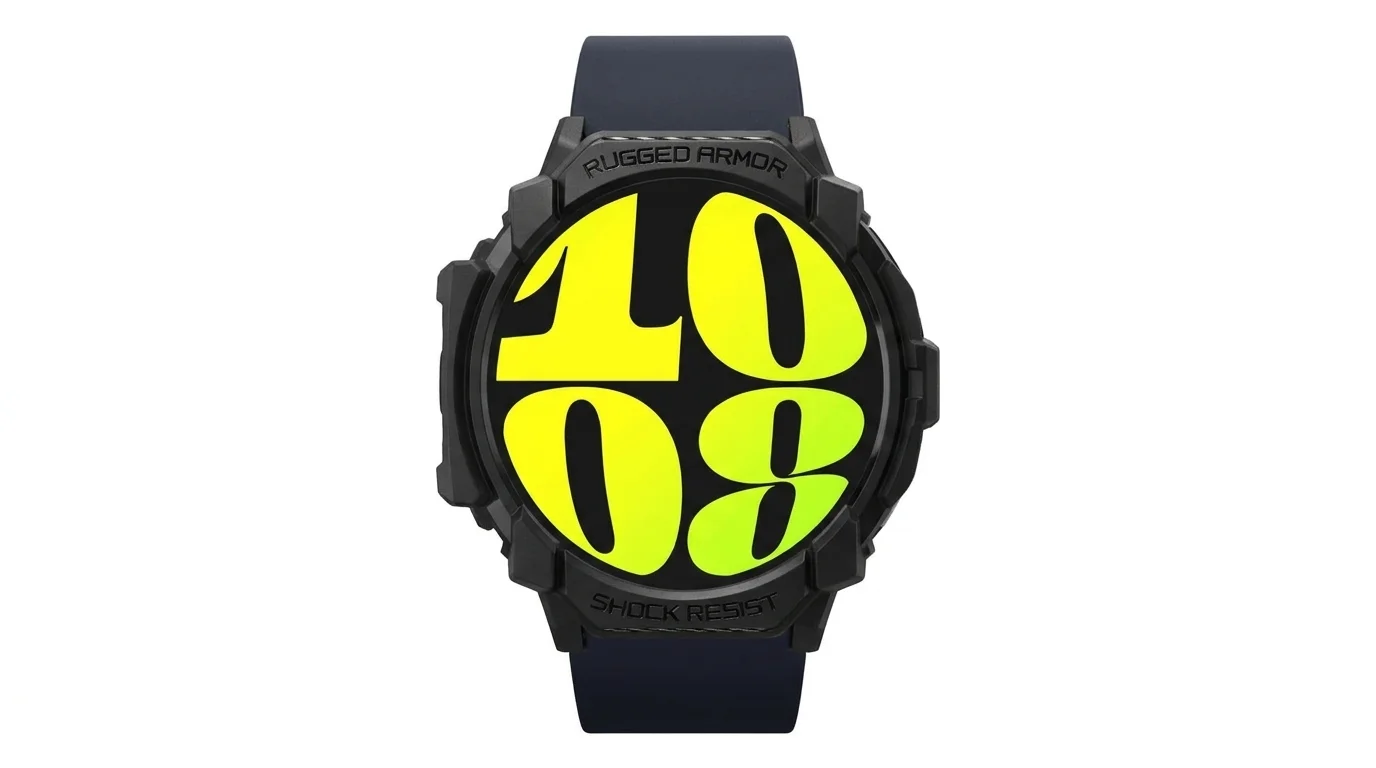 Černý ochranný kryt Spigen Rugged Armor nasazený na hodinkách Samsung Galaxy Watch7 s rozsvíceným displejem.