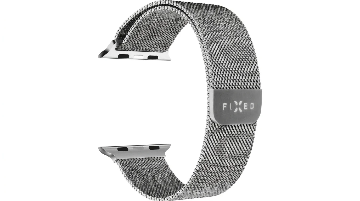 Stříbrný síťovaný řemínek FIXED Mesh Strap s magnetickou sponou a úchyty pro Apple Watch.
