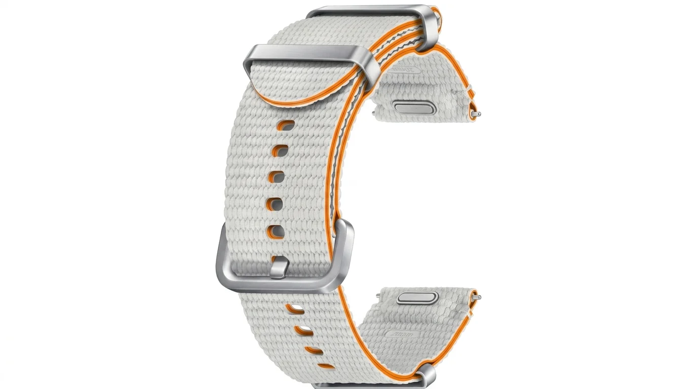 Tkaný stříbrný řemínek Samsung Athleisure pro hodinky Galaxy Watch7 s oranžovým lemováním a kovovou sponou.