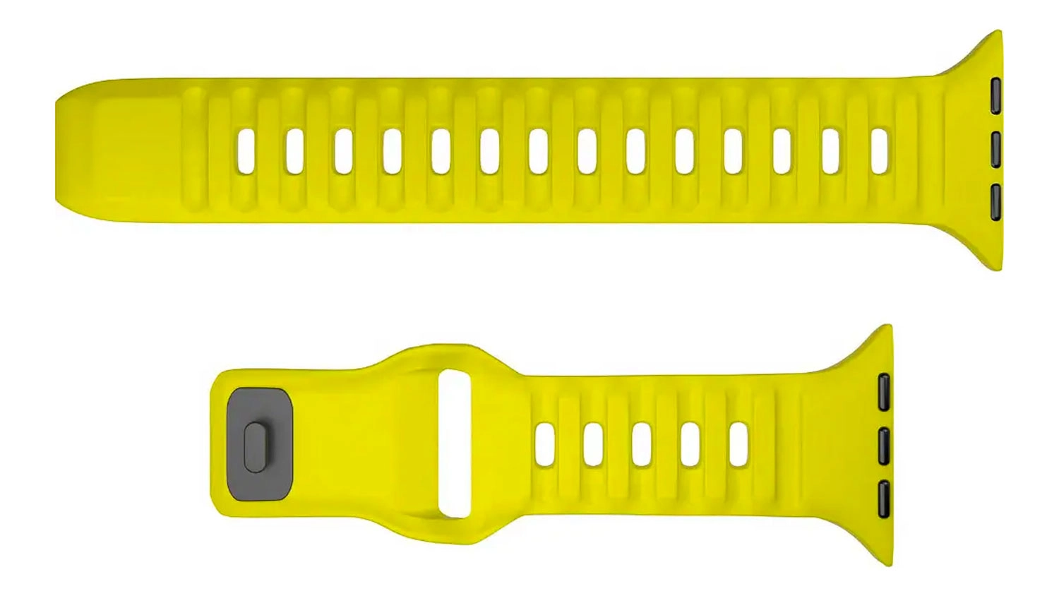 Žlutozelený perforovaný silikonový řemínek Mobile Origin Green Vibe pro Apple Watch s vroubkovaným povrchem.