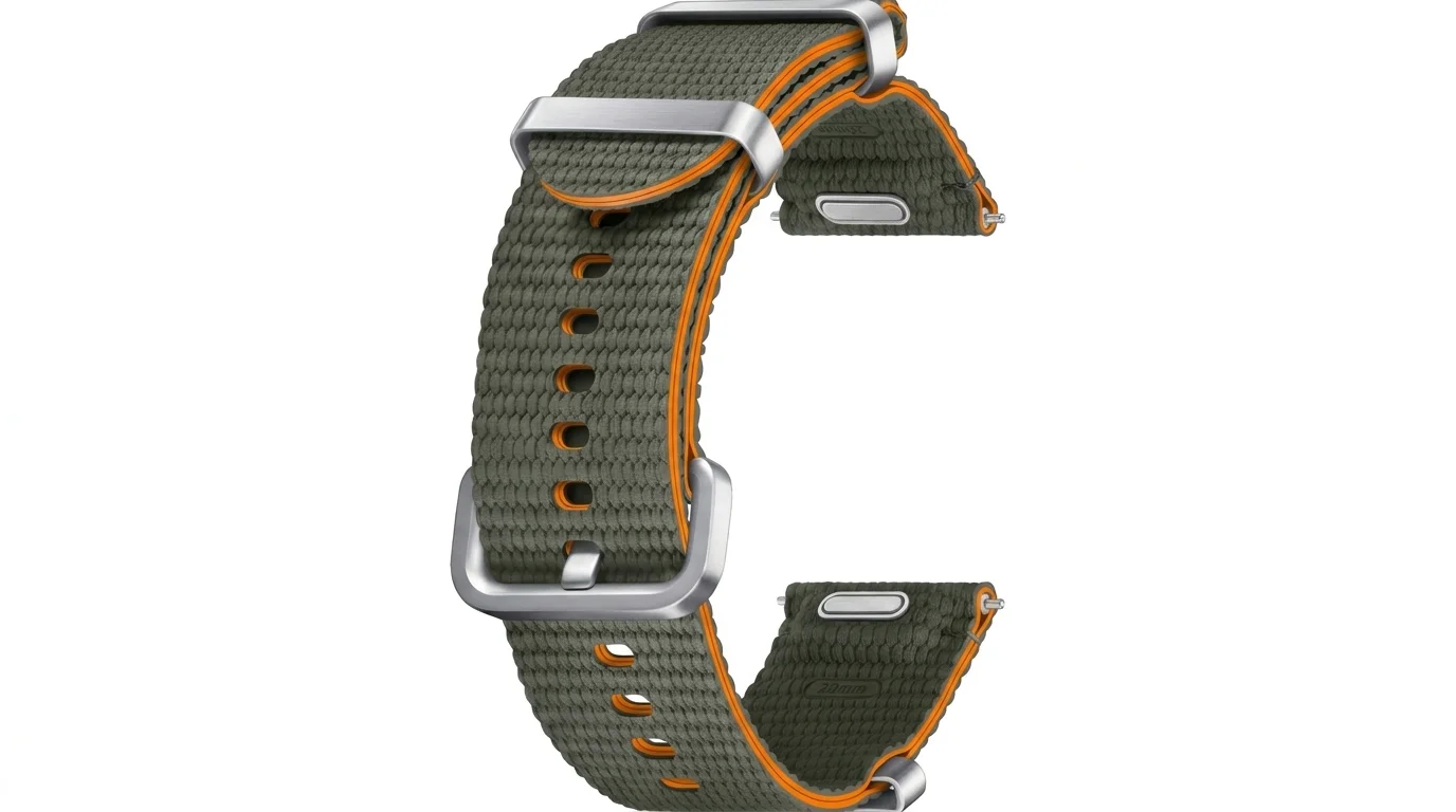 Zelený tkaný řemínek Samsung Galaxy Watch7 Athleisure s oranžovým lemováním a stříbrnou přezkou.