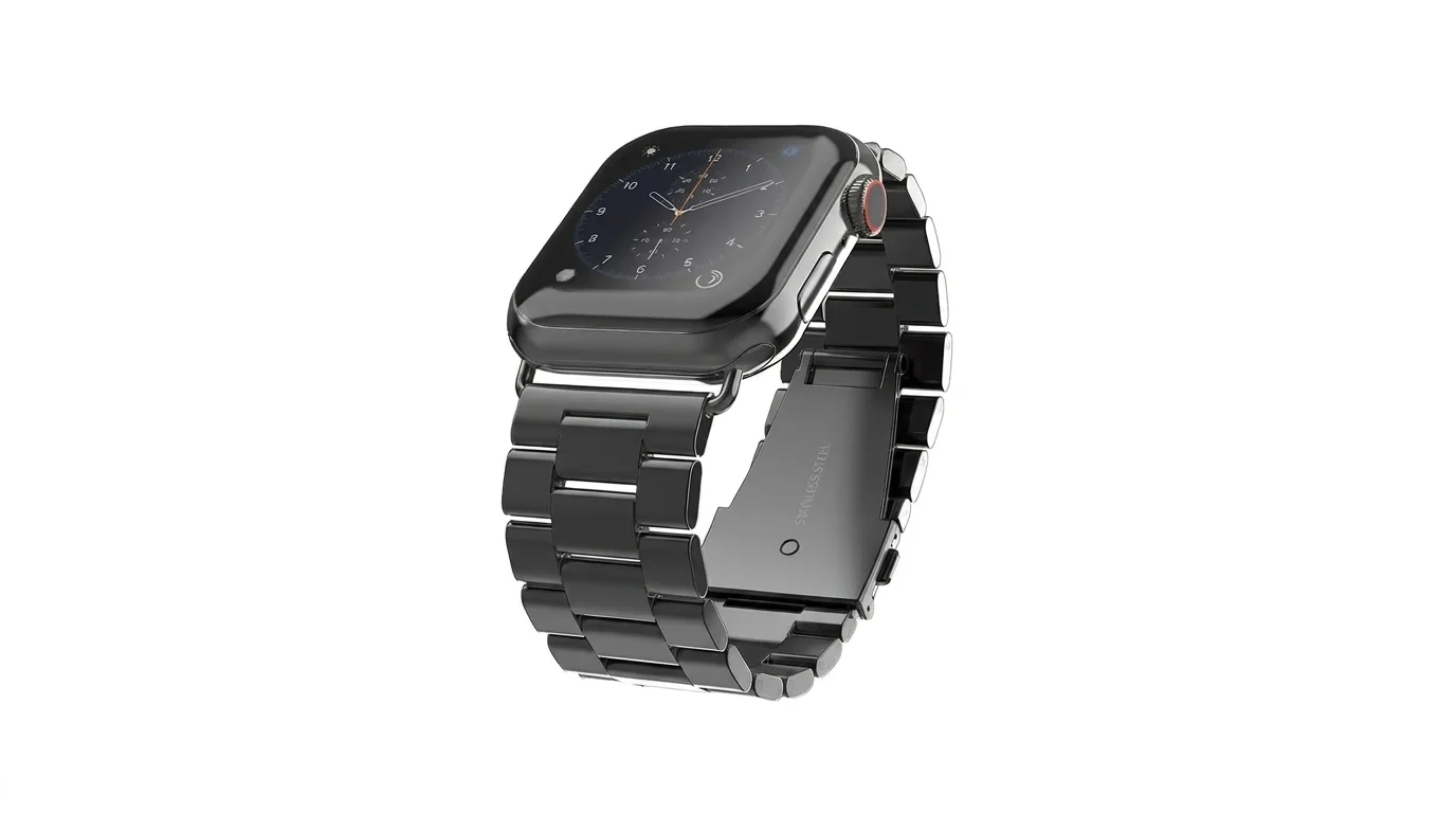 Černý ocelový řemínek Swissten připevněný k hodinkám Apple Watch.