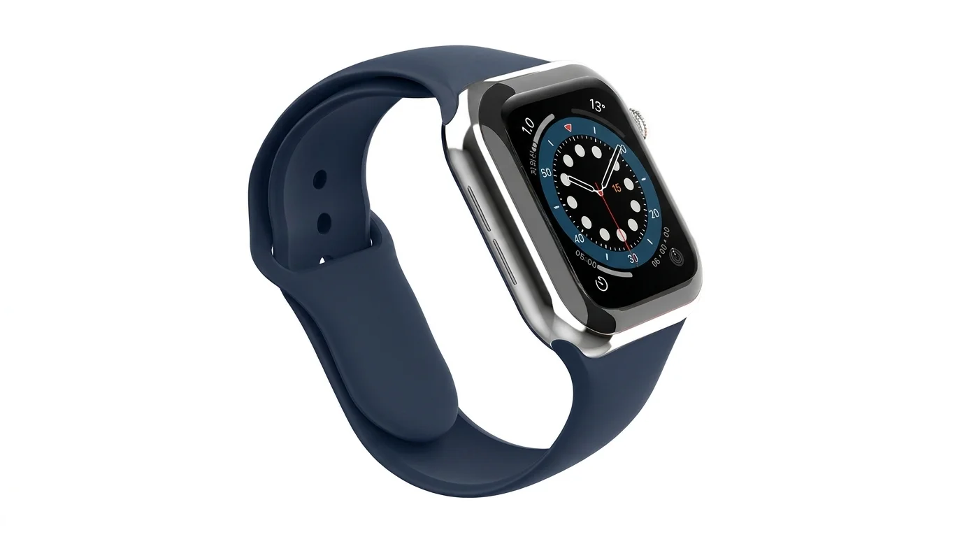 Tmavě modrý silikonový řemínek Swissten nasazený na hodinkách Apple Watch se stříbrným pouzdrem.