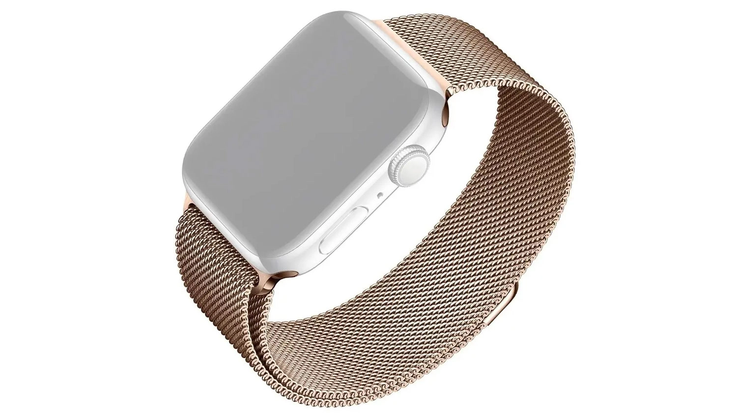 Růžově zlatý síťovaný řemínek FIXED Mesh Strap z nerezové oceli nasazený na hodinkách Apple Watch.