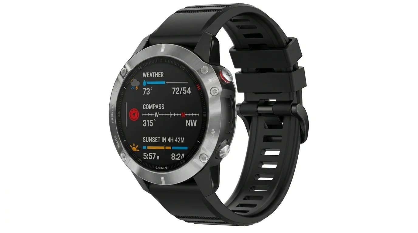 Černý silikonový řemínek FIXED QuickFit nasazený na chytrých hodinkách Garmin se stříbrnou lunetou.