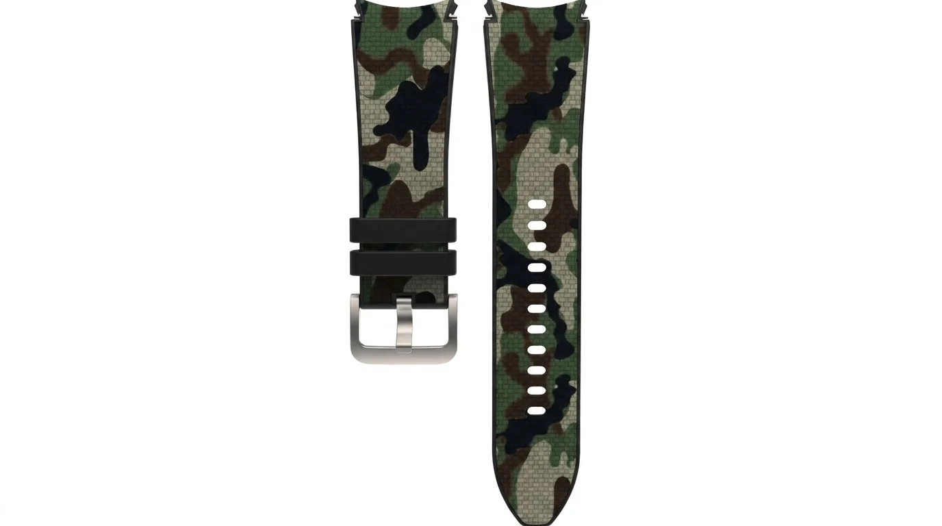Dvoudílný řemínek k chytrým hodinkám Samsung Terra Band se zeleným maskovacím vzorem, kovovou přezkou a otvory pro zapínání.