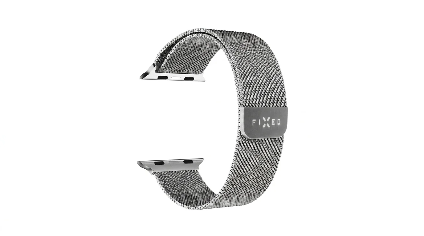 Stříbrný síťovaný řemínek FIXED Mesh Strap pro Apple Watch s magnetickým zapínáním.