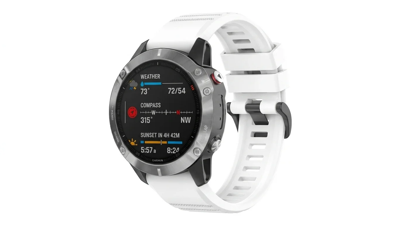 Bílý silikonový řemínek FIXED pro Garmin QuickFit 22 mm nasazený na chytrých hodinkách Garmin.