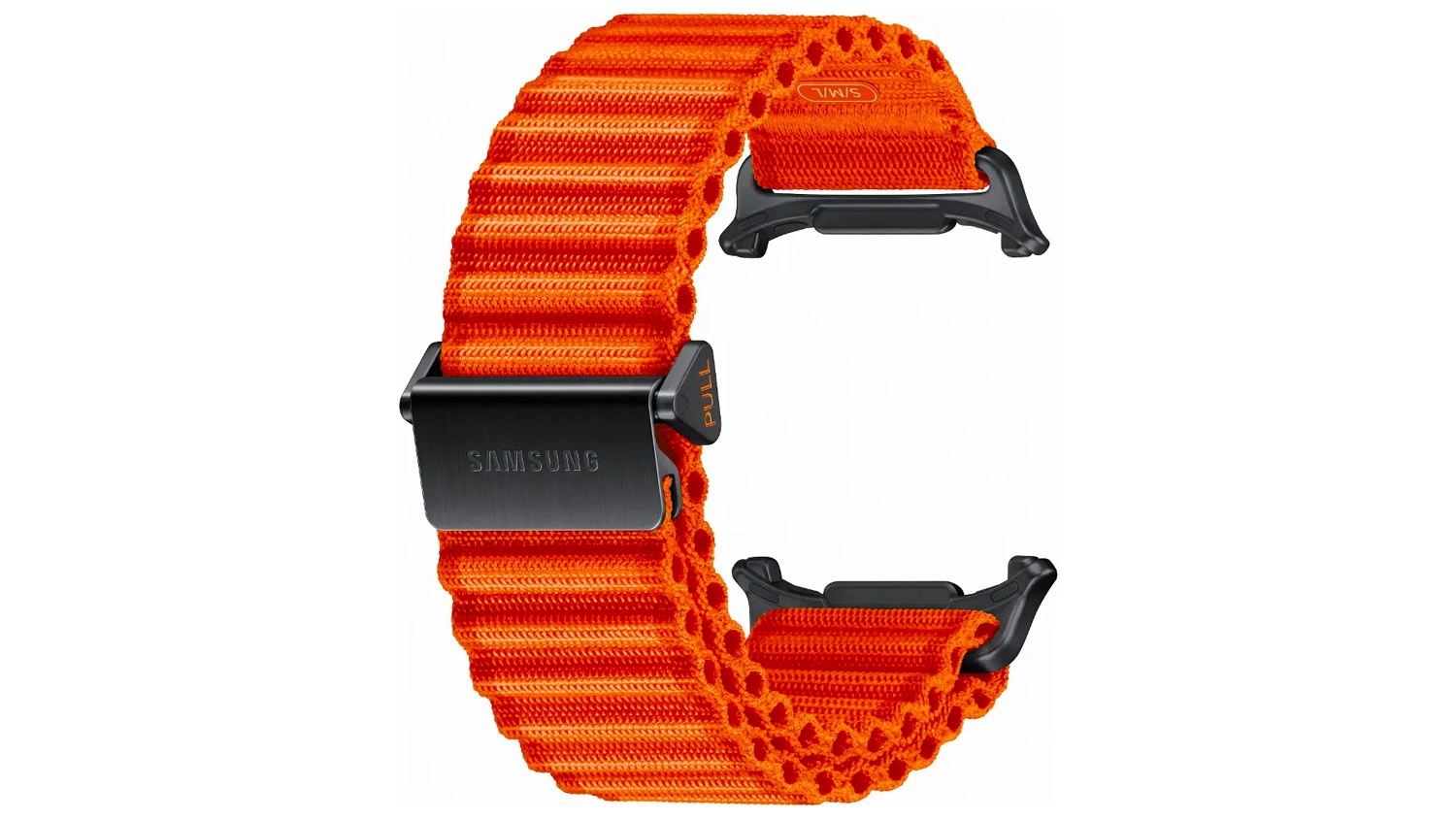 Oranžový tkaný řemínek pro Galaxy Watch Ultra se strukturovaným povrchem, černou sponou s nápisem Samsung a černými úchyty.