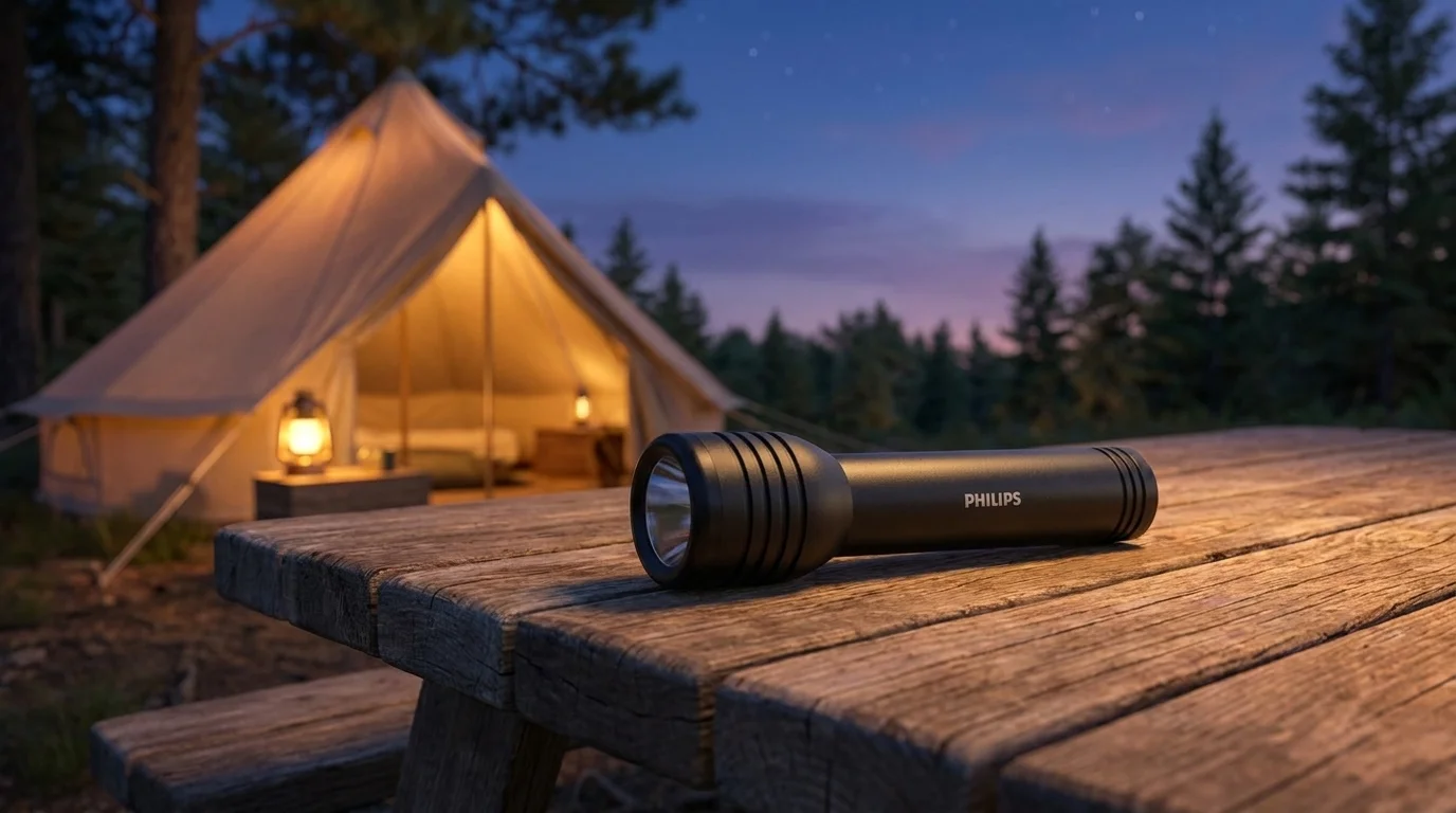 Černá ruční svítilna Philips položená na dřevěném stole před osvětleným kempingovým stanem v přírodě.