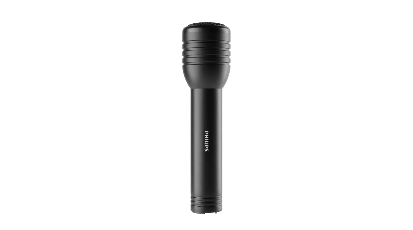 Černá ruční svítilna Philips s drážkovanou hlavou zobrazená ve svislé poloze.